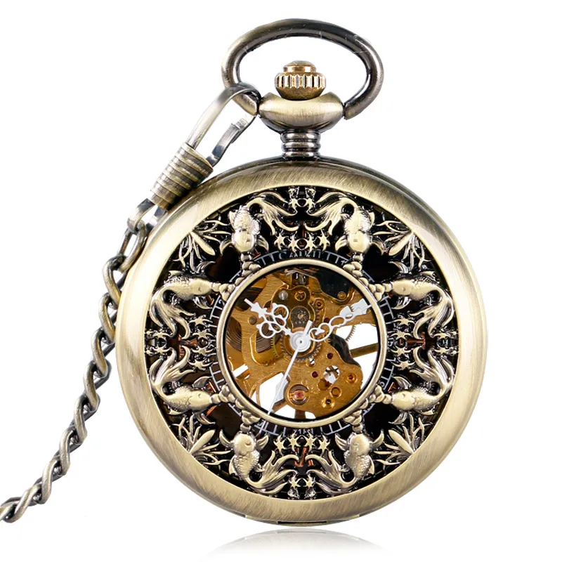 La mitad de reloj de bolsillo de diseño mecánico Goldfish Esqueleto clásico de bronce romana número Display mujeres hombres del reloj con cadena de 30cm