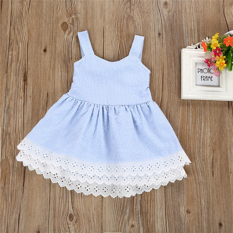 Sommer Baby Mädchen Kleid Kinder Kleidung Himmelblau Gestreifte Spitze Doppeldecker Baby Kleid Kleinkind Kinder Prinzessin Partykleid für 1-5 Jahre