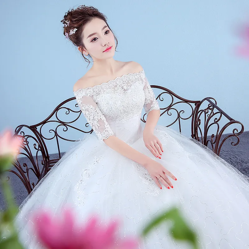 Vestidos de novia sencillos de princesa blanca personalizados 2018 nuevo estilo coreano encaje media manga cuello barco vestido de novia vestido de noiva