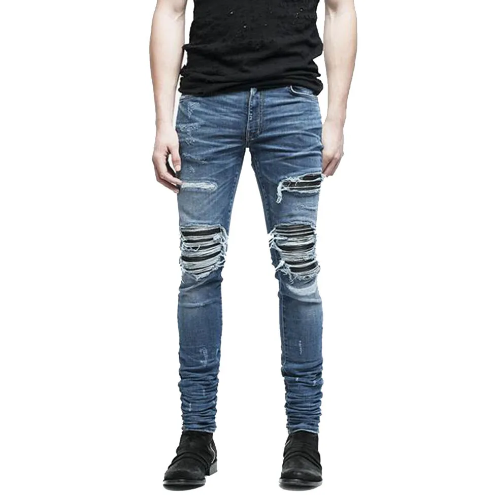 28-38 Größe Mittlere Taille Klassische Männer Jeans Lässige Washed Frazzle Biker Jeans Blau Mode Hip Hop Homme Hosen