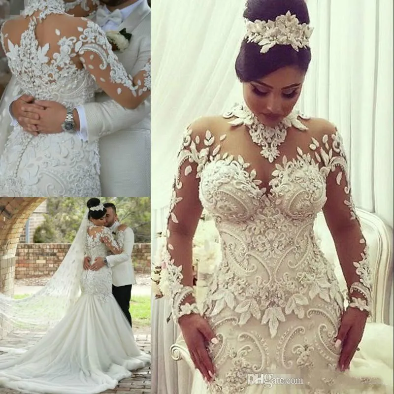 Azzaria Haute Couture Nigeria Wedding Dresses Mermaid Long Sleeve High Neck 3D Floral Lace Plus Size Arabic Bridal Gowns Fishtail Vestidos de novia 2021