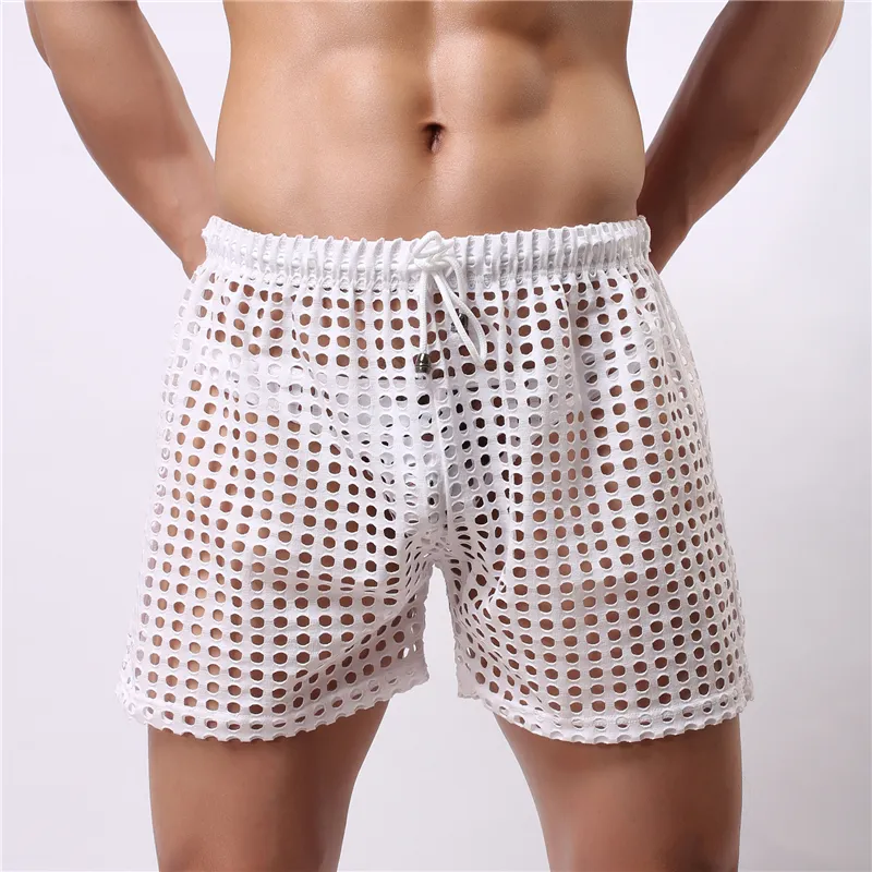 Boxer Sexy en maille pour hommes, sous-vêtements Gay, trou ajouré, culotte Slim Sissy, pochette transparente, sous-vêtements pour hommes