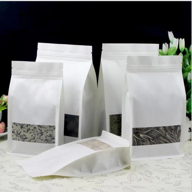 White Kraft Paper Packing Tassen Stand Up Open Venster Voedselzakken Snoep Snacks Gedroogde Fruit Retail Bag Grote Capaciteit Vochtwerende klep Tas