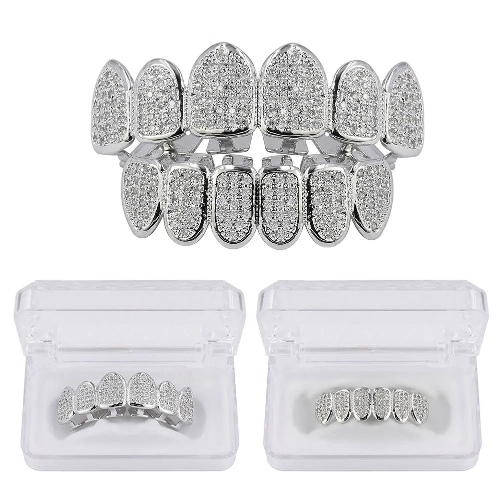 Hip Hop Classic Teeth Grills Golde Color Plated CZ Micro Pave Exclusive Top Bottom Gold Grillz Set268h