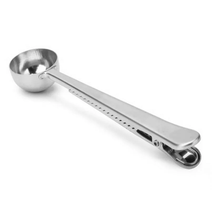 Silver Color Stainless Steel Ground Coffee Measuring Scoop With Bag Seal Clip, Home Tea Tool LX3833