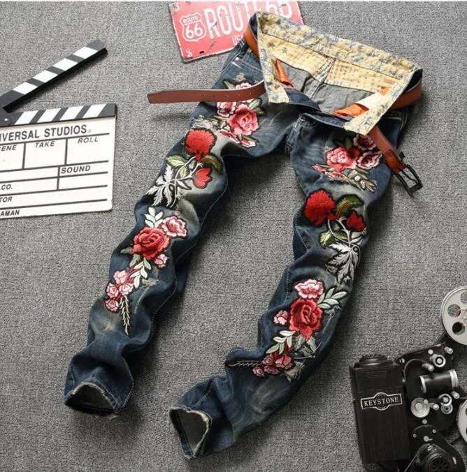 Bordado Floral Tiger Bird Print Design Mens Jeans Rasgados Slim Denim Pencil Pants Hommes Blue Straight Biker Jean Long Trousers272Q