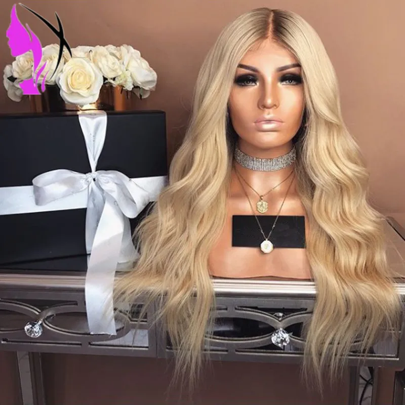 Hotselling braune Wurzeln Ombre Blonde Perücke Lange gewellte Simulation Echthaar Perücke Hochtemperatur leimlose synthetische Lace Front Perücke für Frauen