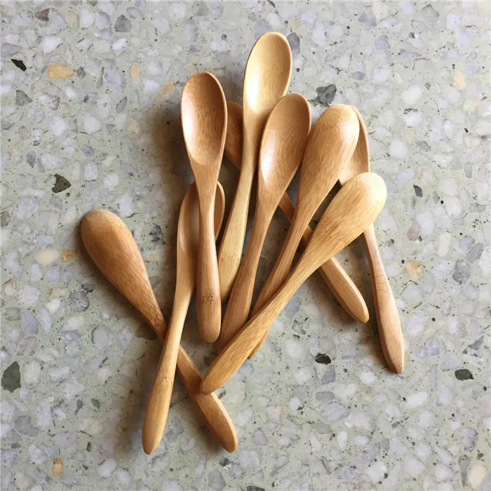 100 bitar liten bambusked 13,5 cm naturliga skedar Hållbar för café Kaffe Te Honung Socker Salt Sylt Senap Glass Handgjorda redskap