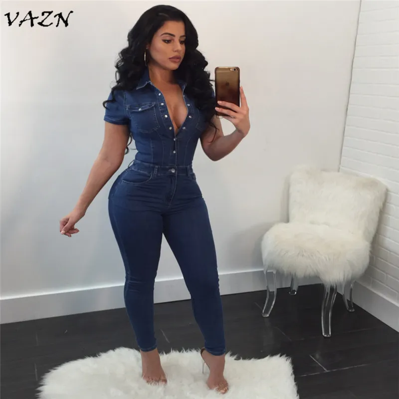 VAZN 2018 Sexy New Style Brand Fashion Women Denim Jumpsuits Night Club Turn-down Collar Short Sleeve Bodycon Rompers SMR8846