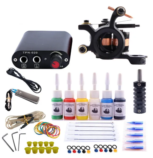 Komplett Tattoo Machine Kit Set 1 Spolar Guns 6 Färger Svart Pigment Sets Power Tattoo Nybörjare Grips Kits Permanent Makeup