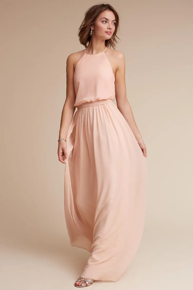 blush pink halter neck bridesmaid dress BABARONI BABARONI Chiffon Pearl Pink Bridesmaid Dresses Halter Floor-length Sleeveless Bow A-line, Pearl Pink / US0