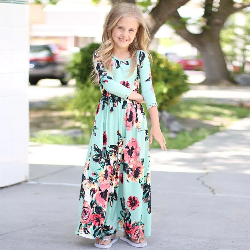 Boho Floral Cotton Princess Dress For Girls Long Sleeve O Neck