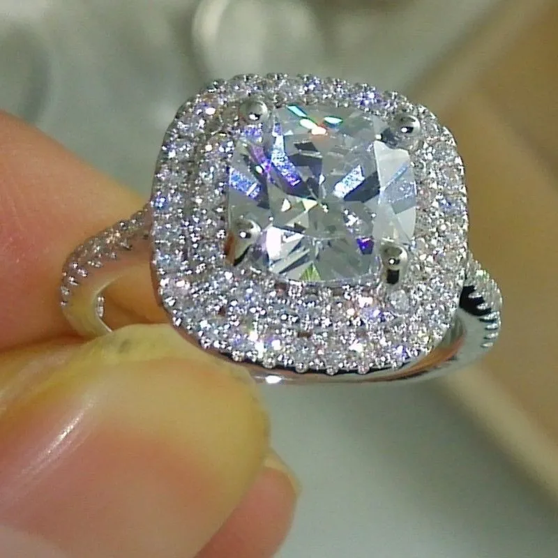 2016 anel de moda novo estilo almofada 4ct 5A zircão pedra 925 anel de noivado de prata esterlina anel de casamento para as mulheres Sz 5-10