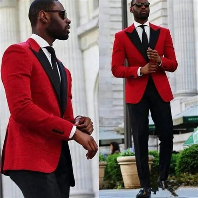 Nouveau Tuxedos de marié de mariage coupe rouge 2018 deux pièces noir pointe revers sur mesure hommes d'honneur costumes (veste + pantalon)