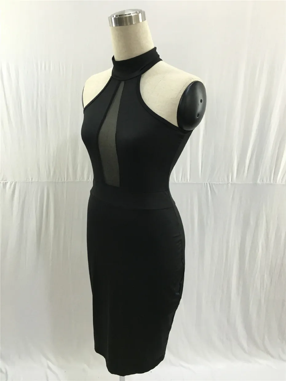 민소매 미디 바디 콘 드레스 백리스 섹시한 클럽 착용 우아한 메쉬 파티 드레스 블랙 여름 S-XL