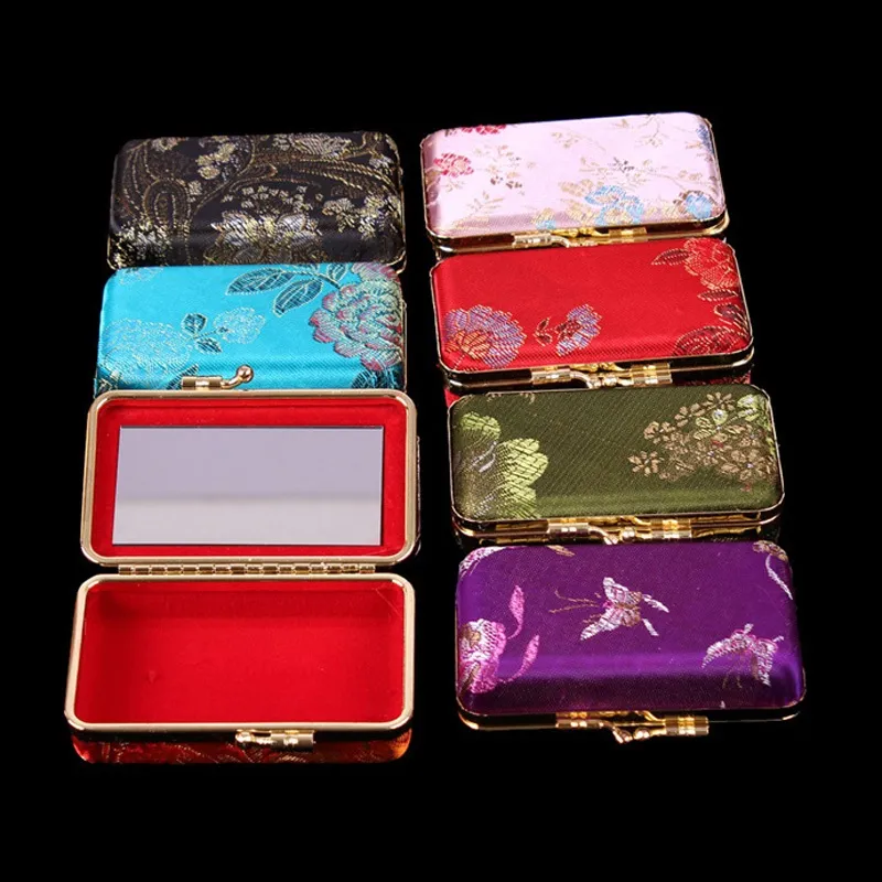 Mirrored Silk Brocade Craft Box Travel Jewelry Case Empty Double Lipstick Storage Boxes Lip Balm Tubes Packaging Containers LZ1793