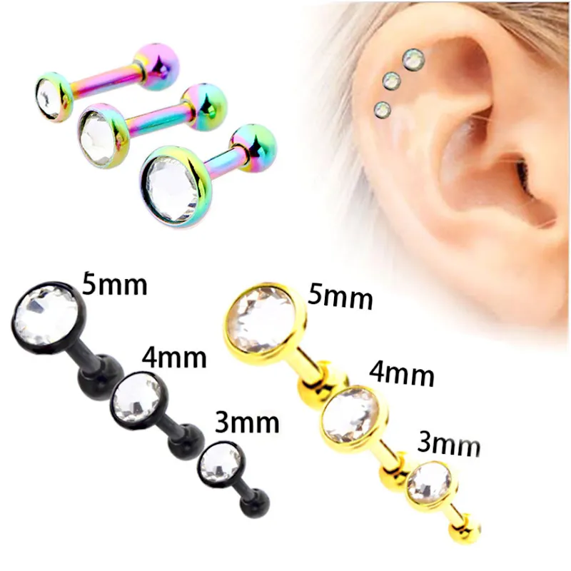 Unikalny Punk Crystal Ear Stud Silver Black Gold Barbell Kolczyk Chrząstki Helix Tragus Piercing Kolczyki Kobiety Body Biżuteria 3 sztuk / zestaw