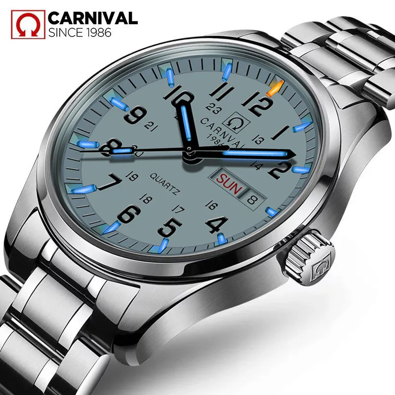 Carnival Blue Tritium Light Watch Men Quartz Tritium Luminous Waterproof Stainless Steel White Date Week Watches