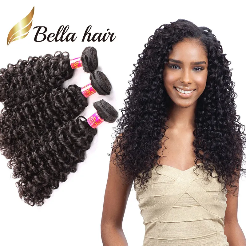 Bella 8A brasilianska hårbuntar dubbla inslag Obearbetat människohår lockigt väv 3 st/lot Svart Färg Kinky Extensions 8~30 tum
