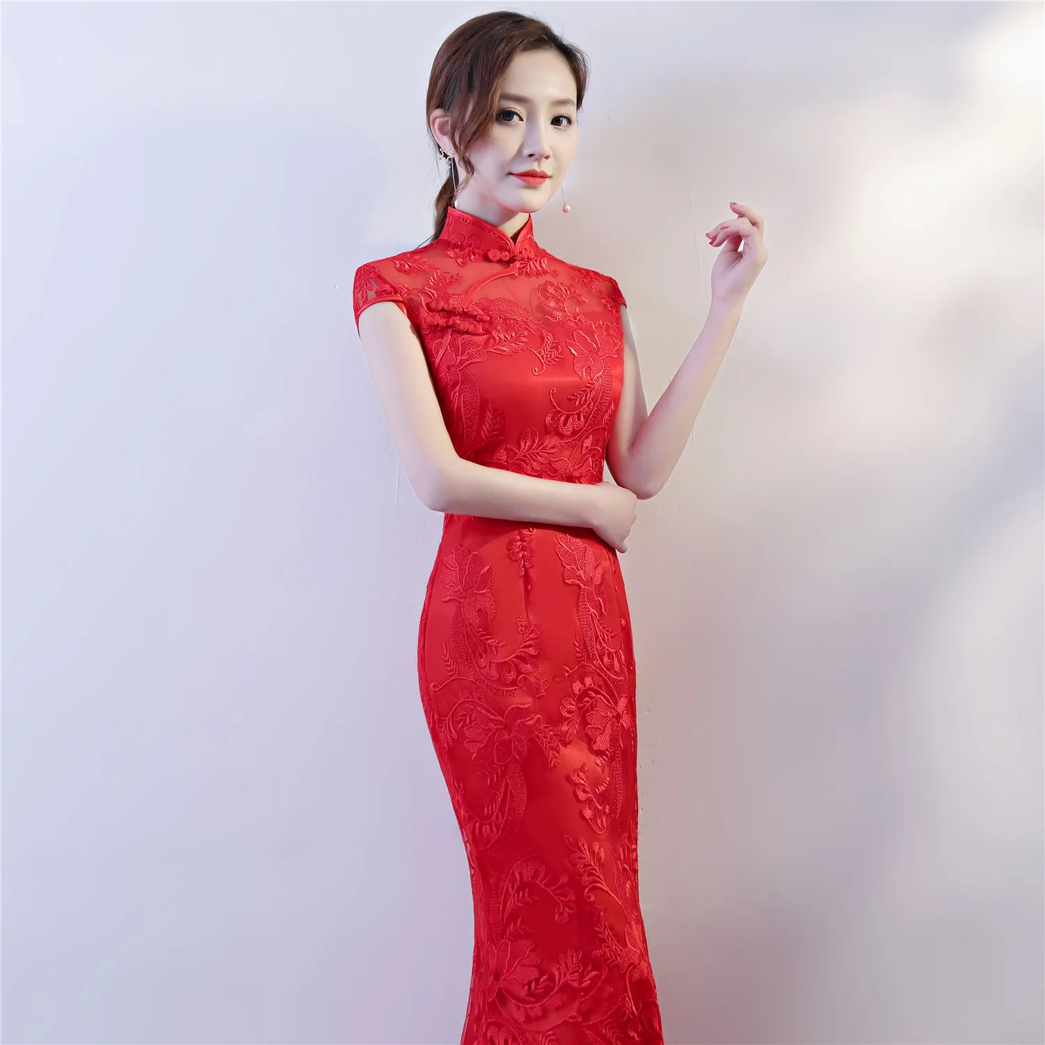 Shanghai berättelse kinesisk traditionell klänning blommig broderi lång sjöjungfru qipao för kvinnor spets cheongsam klänning orientalisk klänning9250009