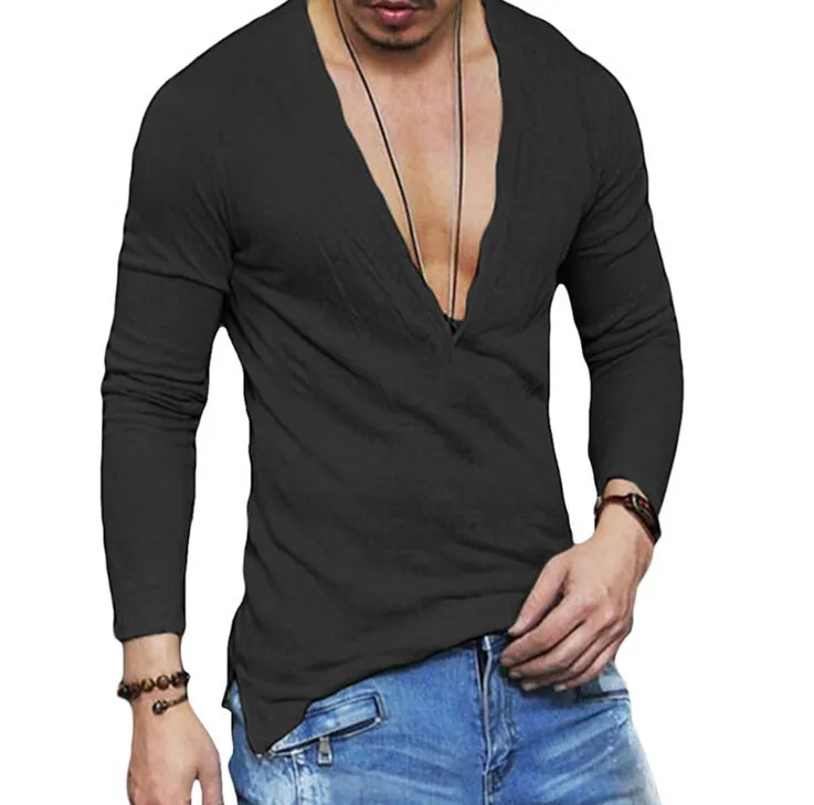 Deep V Long Sleeve Fashion New Sexy Male Tops Autumn Winter Casual T-shirts