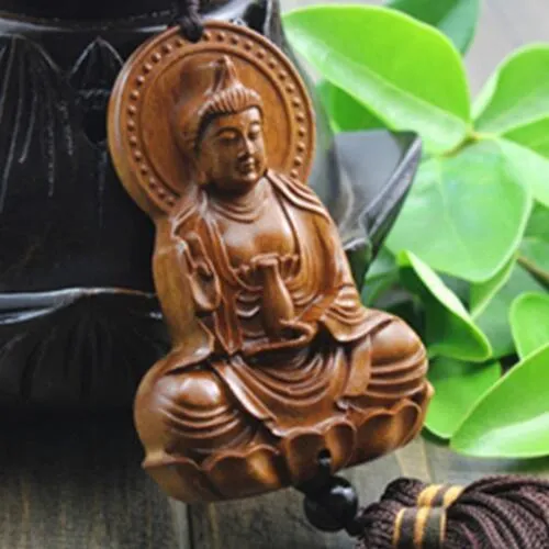 Bois Sculpture Bouddha Perles Bouddhisme Chinois Halloween cadeaux Shakyamuni Statue Sculpture Amulette Pendentif De Voiture Netsuke AHJ004