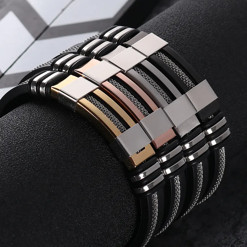 New Fashion Mens and Womens Stainless Steel Bracelet Black Silicone Sports Bracelets Bangle 2PCS/SET