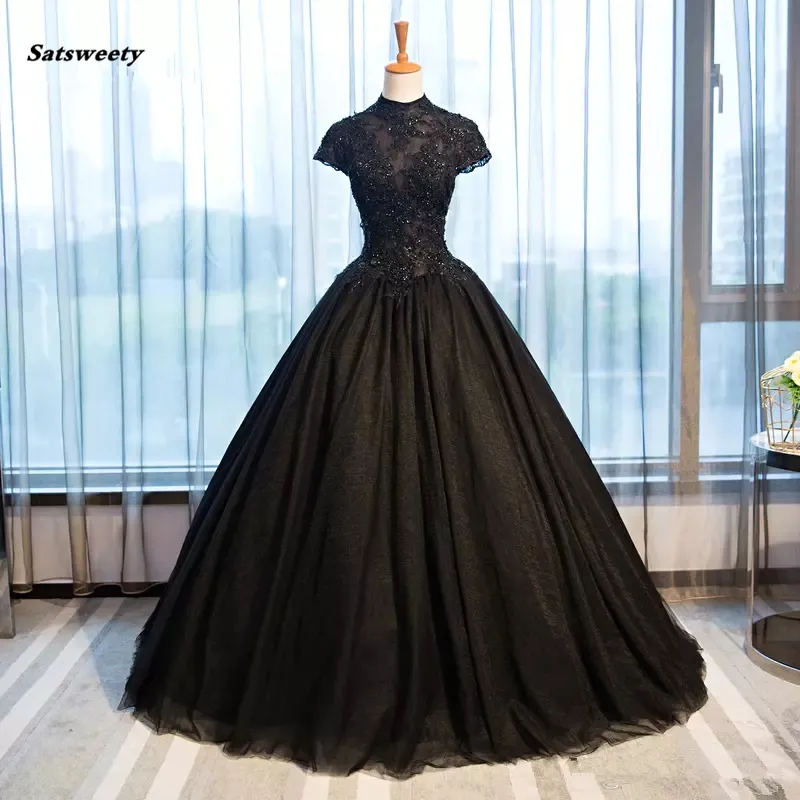 Black Gothic Wedding Dresses High Collar Casamento Vintage Bridal Gowns Shiny Beaded Appliques Vestido De Novia