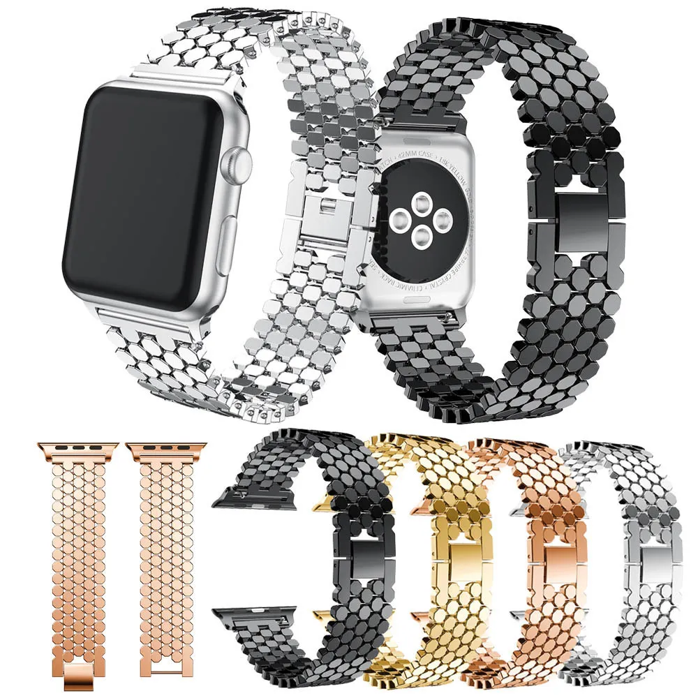 Para apple watch strap escala de peixes de metal banda de aço inoxidável iwatch series 1 2 3 4 com adaptadores de conector para apple watchband 40/44 mm