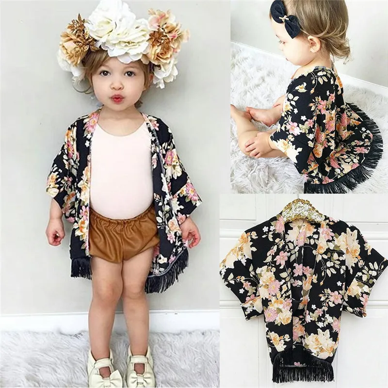 Mode baby tjejer kläder blomma tofs kimono sjal cardigan toppar outfits baby kläder vår sommar höst outwear coates girls kläder