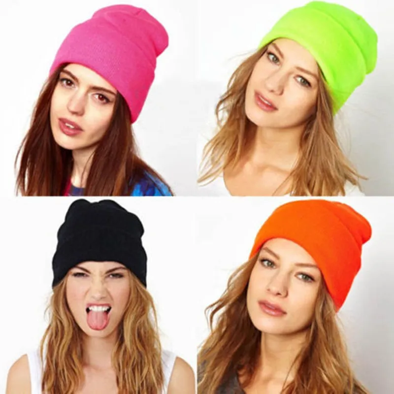 Mode stickade neon kvinnor beanie tjejer höst casual cap kvinnors varma vinter hattar unisex berets gratis skepp