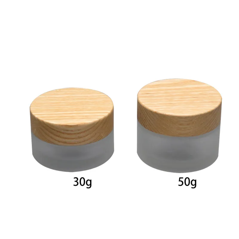 50g vide verre oeil givré / Facial Crème Jar avec bouchon en bois de vis en bois de bambou