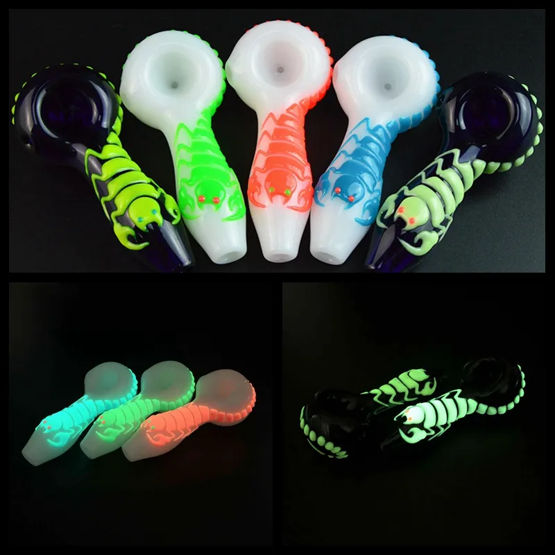 Aydınlık Cam Boru Glow In Dark Scorpion Cam Kaşık Pipe Soğuk 4inch El Boru 5 Renk Tütün Borular Yüksek Kalite