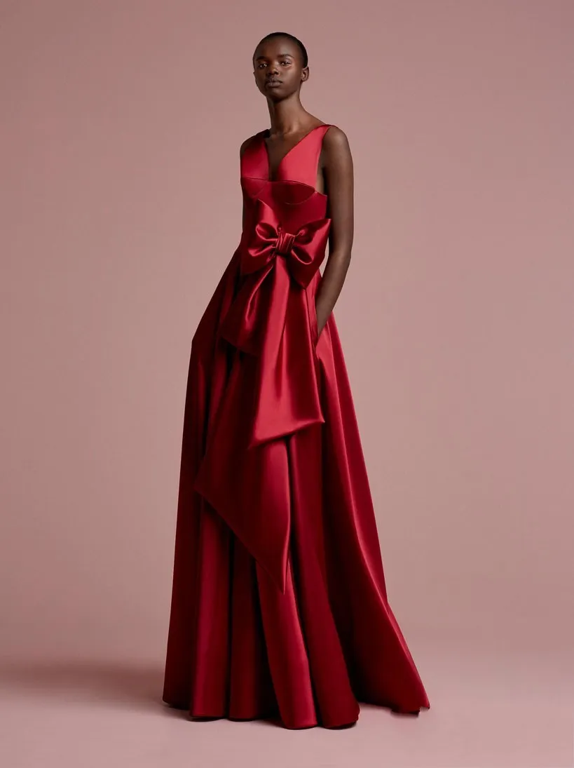 ASO EBI Rose Rood Lange Avondjurken Zakken Nigeriaanse Sexy Backless Avondjurken 2018 Boog Diepe V-hals Afrikaanse Formele Jurk Gonna