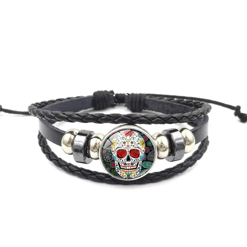 Sugar Skull 18mm gember snap knop brokken wikkel multilayer glazen cabochon armband bangle manchet polsband dames mode sieraden