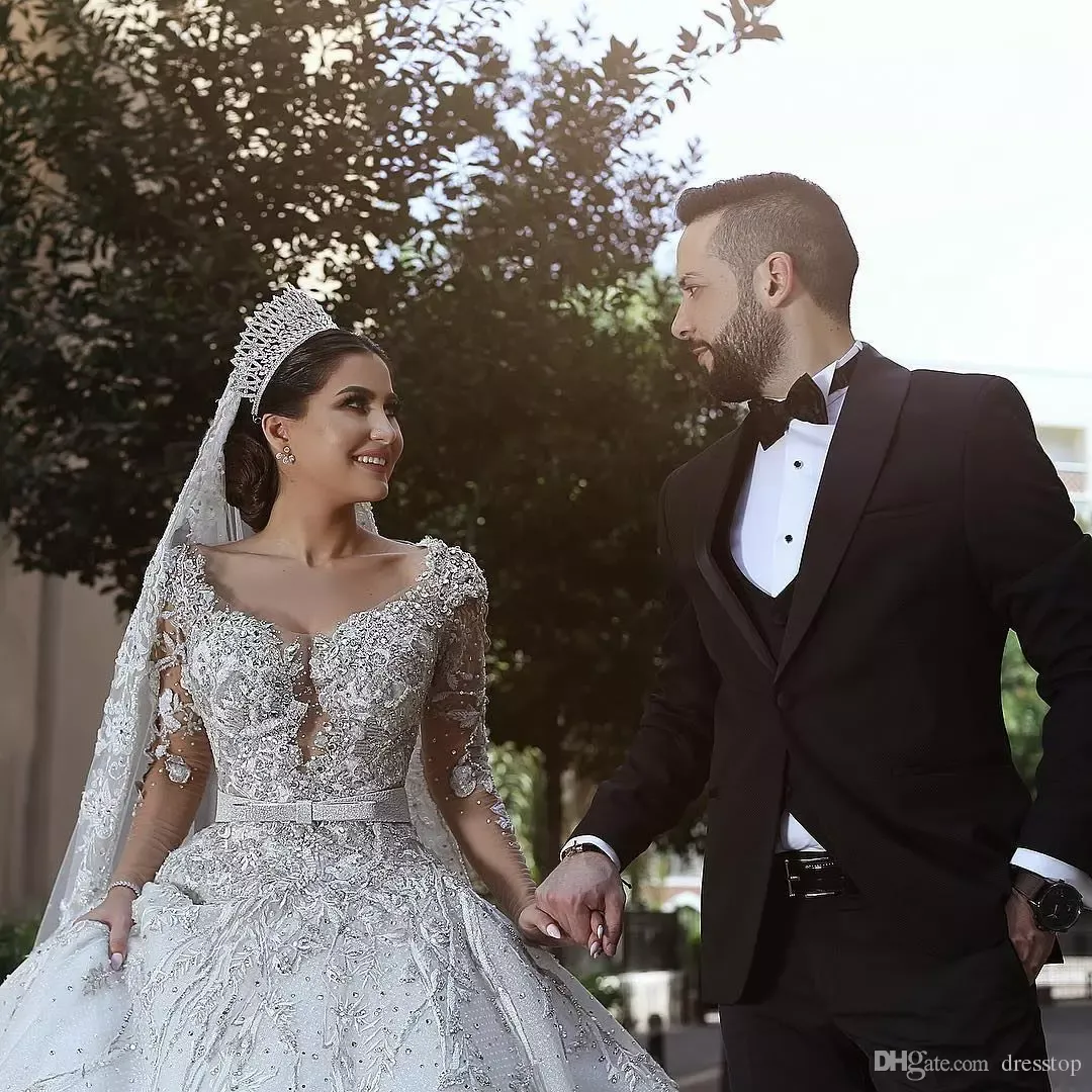 2019 vestido de bola de encaje de lujo vestidos de novia escote en V de encaje vestidos de novia de cristal tren de barrido de talla grande vestido de novia de manga larga