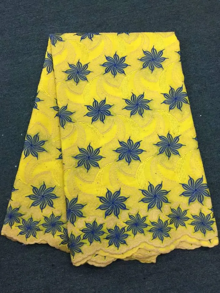 5 Yards/pc Top vente tissu de coton africain jaune avec fleur bleue broderie de dentelle de voile suisse pour vêtements BC14-6