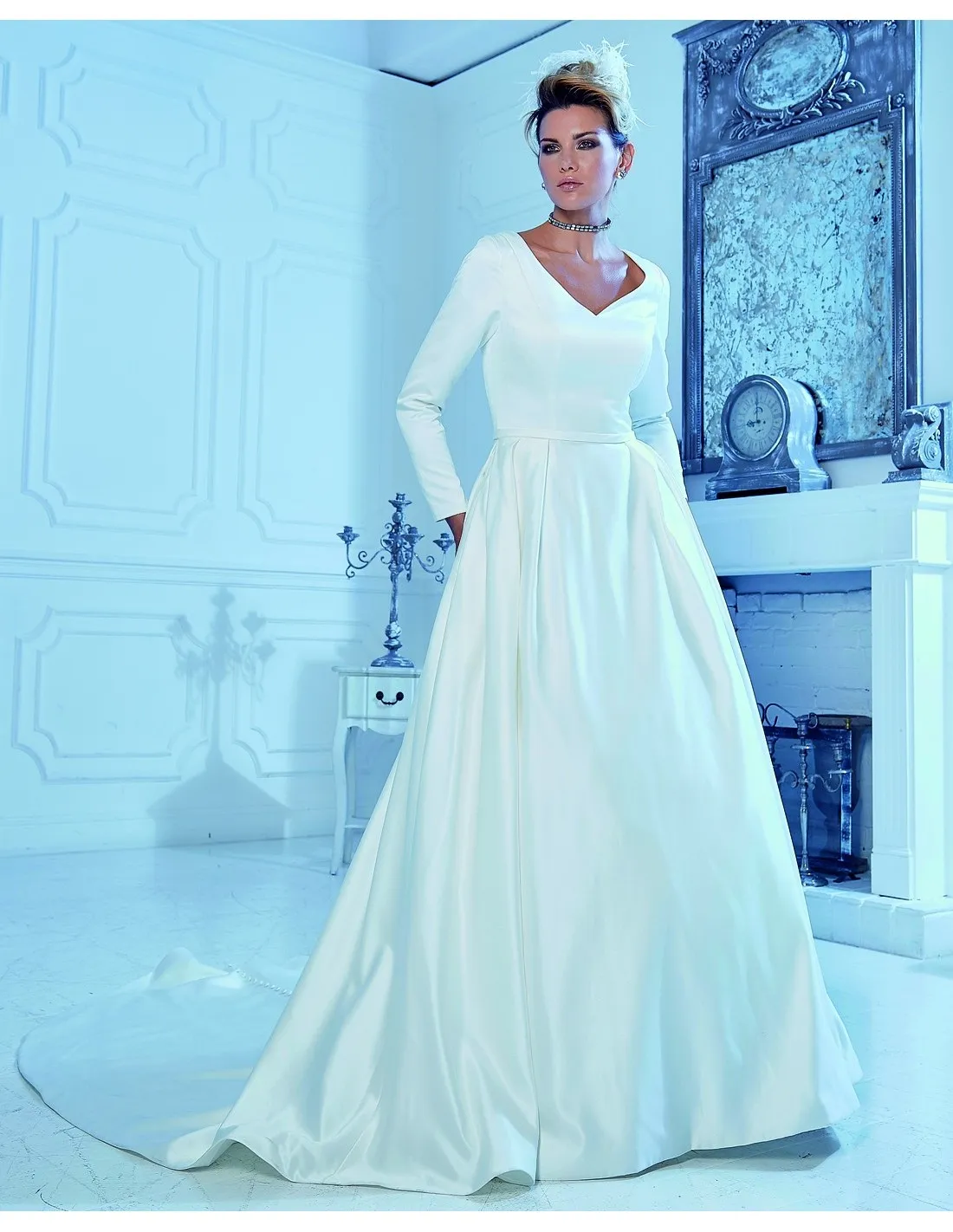 A-line Атласные скромные свадебные платья с карманами с длинными рукавами V-образным вырезом на спине Простой кантри-вестерн LDS Свадебное платье со скидкой