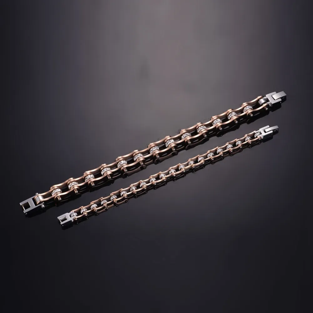 Высококачественный браслет мотоциклетной цепи для женщин IP Rose Gold Crystal 316L Bracelet из нержавеющей стали 10 мм315U