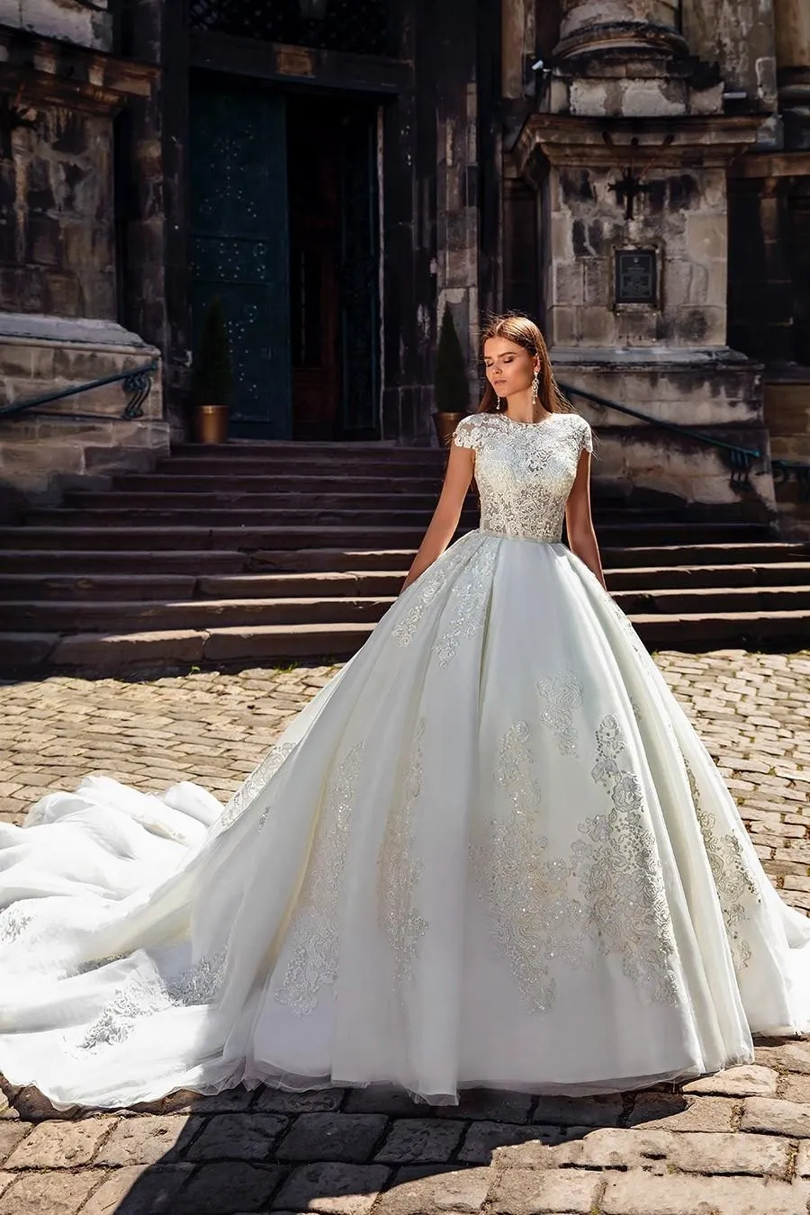 Illusion Sleeve beautiful ballgown wedding dress with Lace Appliques, Beaded Organza, and Chapel Train - Arabic Plus Size Bridal Gop at Affordable