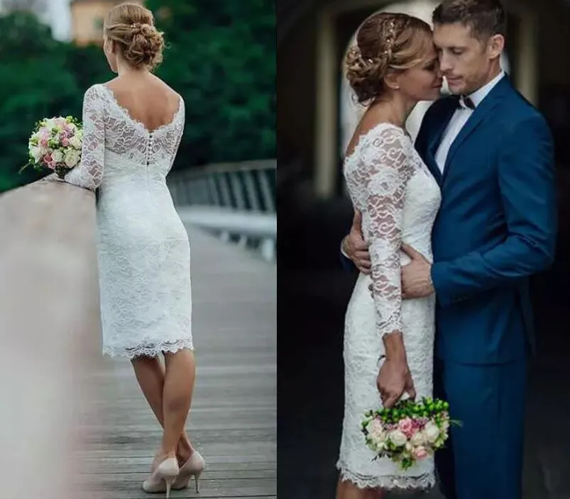 Estate 2019 Abiti da sposa corti in pizzo Lunghezza al ginocchio Semplice gioiello Collo maniche lunghe Bianco Avorio Mini guaina Abiti da sposa Abiti da sposa