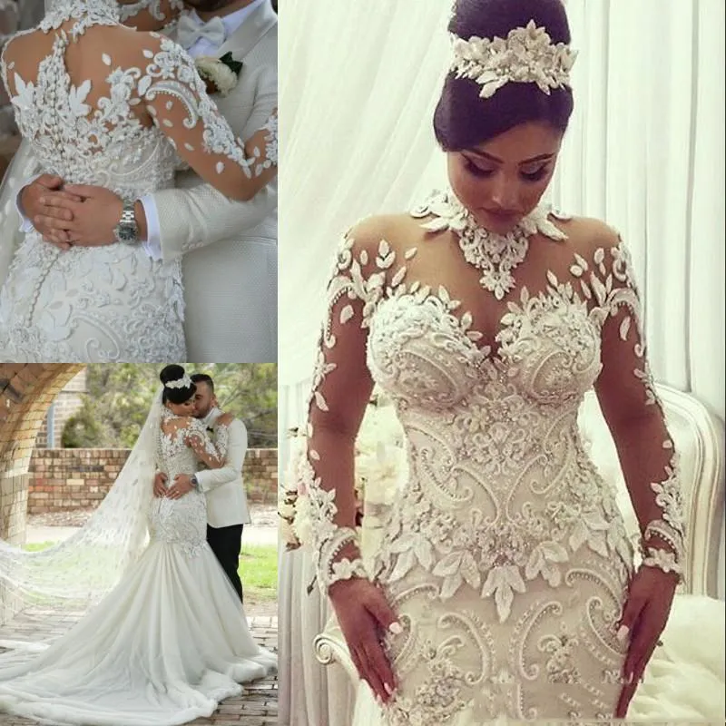 Mermaid Wedding Dresses 2019 Dubai High-Neck Bridal Gowns Sheer Long Sleeves Beaded Lace Applique Wedding Gown Tulle Long Bridal Dress Chic