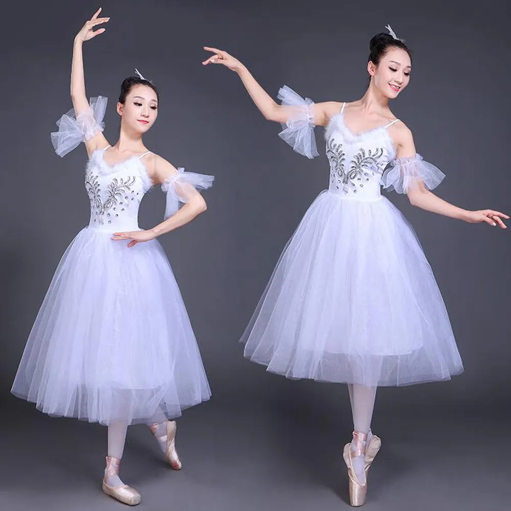 Costumi di scena del Lago dei cigni bianchi Vestito da balletto romantico per adulti Vestito da ballo per tutù classico da donna