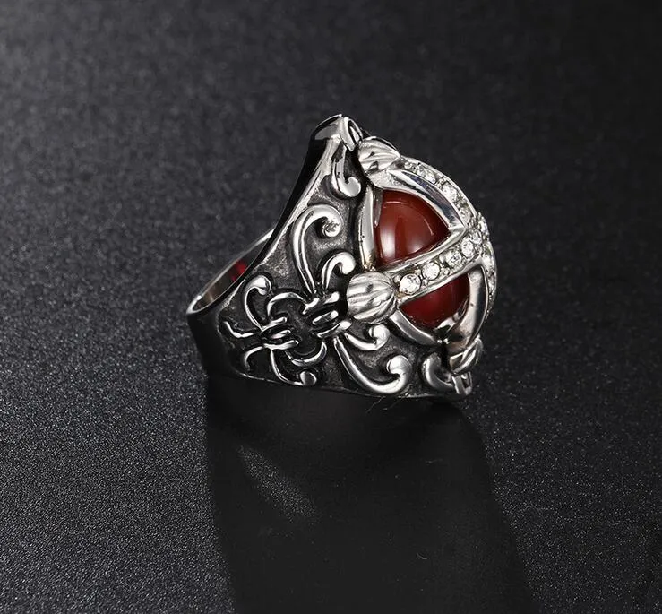 Hiphop 316L Stainless Steel Rings Men High Quality Red Stone Rhinstone Ring Cool Punk Ring Jewelry Gothic Vintage Cross Ring