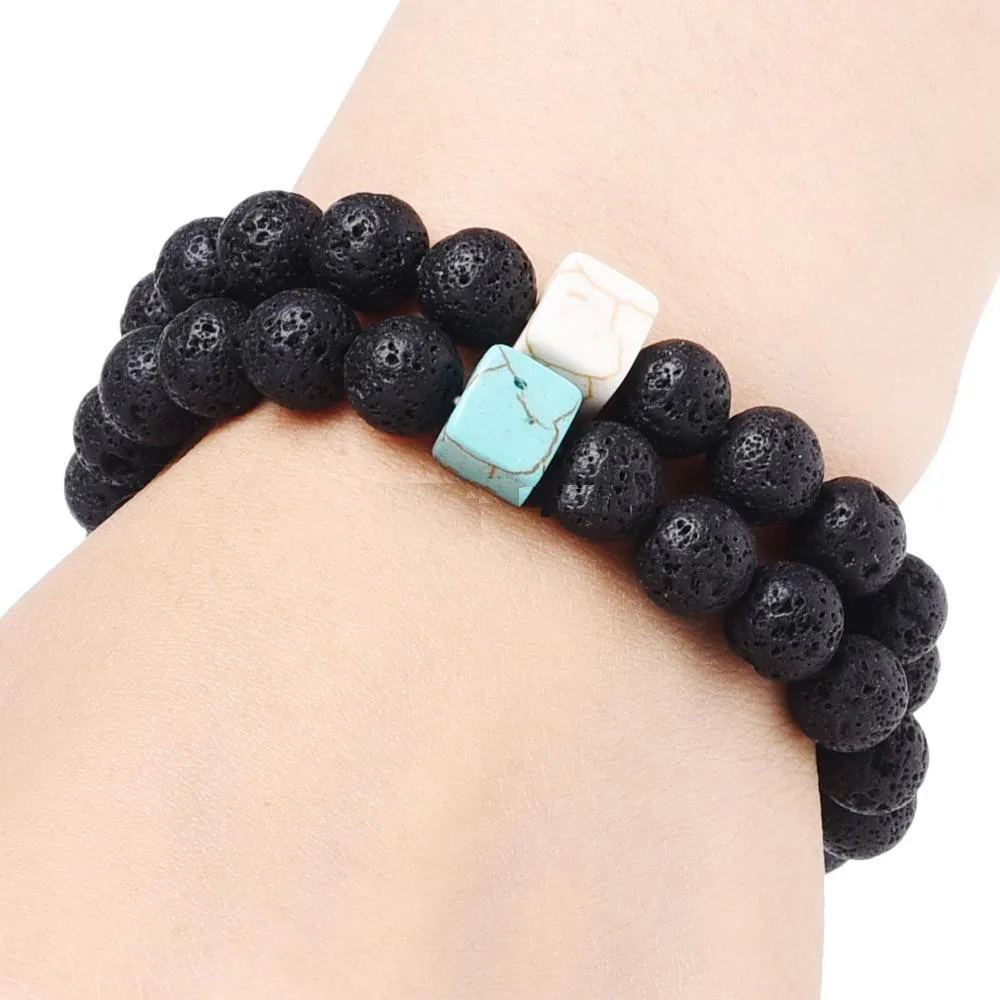 Mode 8MM Natürliche Schwarze Lava Stein Armband Quadrat Türkis Perlen Liebhaber Armbänder Für Männer Frauen Geschenke