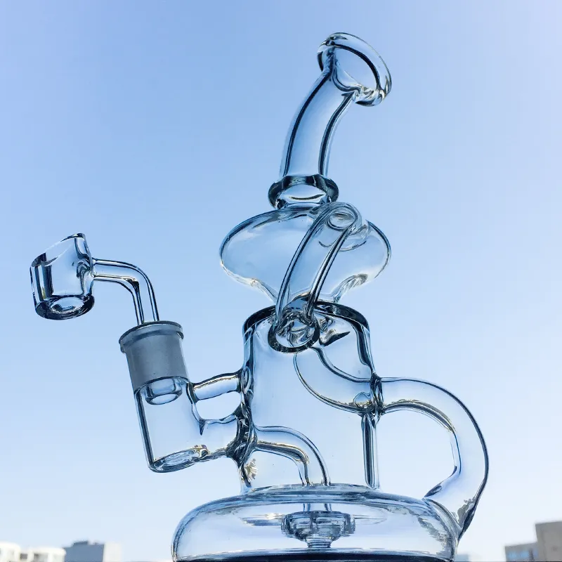 Klein Glass Bong Tornado Recycler Bongs 8 tum Vattenrör 14mm Kvinna Joint Oil Dab Rigs med Quartz Banger eller Bowl HR024