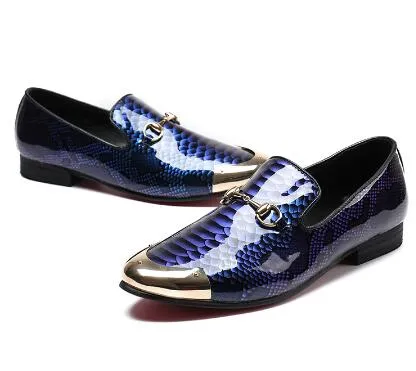 2018 hommes chaussures en cuir verni mocassins à enfiler bout en métal doré impression peau de serpent appartements EU39-EU46 bleu Royal et gris