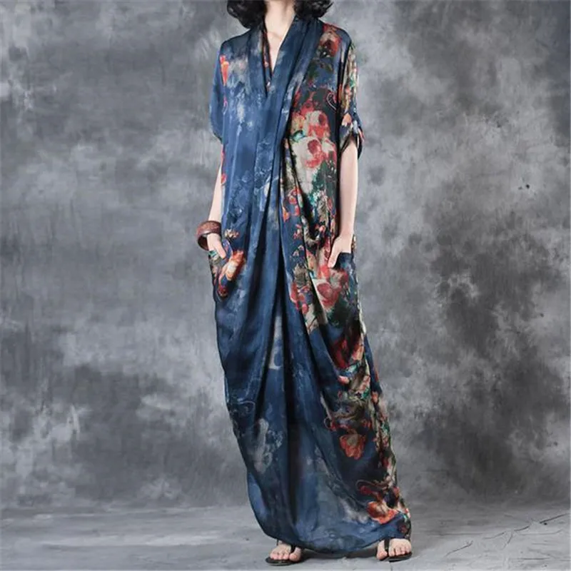 BUYKUD 2018 Summer Vintage Floral Tryckt Deep V-Neck Long Dress Women Loose Short Sleeve Elegant Robe Blue Dresses With Pocket