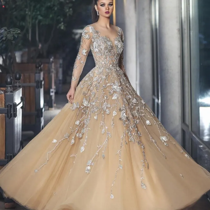 Luxury Beaded Champagne Prom Dresses Sheer Scoop Neckline Lace Appliques Long Sleeve Tulle Long Evening Dresses Glamorous Saudi Evening Gown
