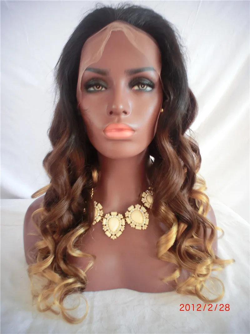 Super Wavy Full Lace Human Hair Wigs for Black Women Brazilian hair Three Tone #1b/4/27 ombre color Lace Front Wig